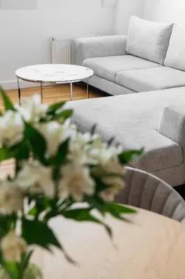 a living room with a couch and a table with flowers at Native Apartments Kraszewskiego 26 in Kraków