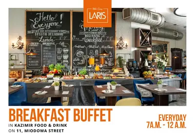 a restaurant with tables and a chalkboard with a breakfast buffet at Armon Residence in Kraków