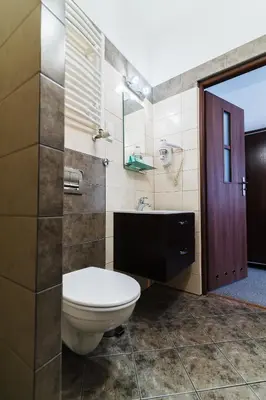 a bathroom with a toilet and a sink at Astra Apartments in Oświęcim