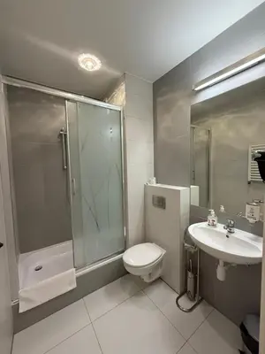 a bathroom with a shower and a toilet and a sink at Hotel Karpik Zator Graboszyce in Graboszyce