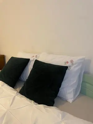two black and white pillows on a bed at Cozy Rooms Old Town in Kraków