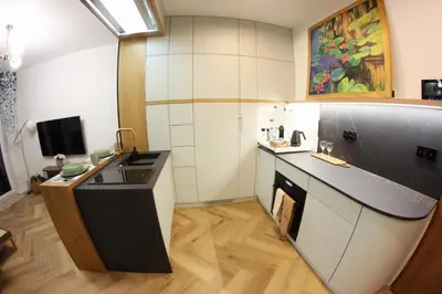 a kitchen with a sink and a counter top at Nenufar Cracow Garden Kraków Parter Free Darmowy Parking Ogród Netflix Klimatyzacja in Kraków