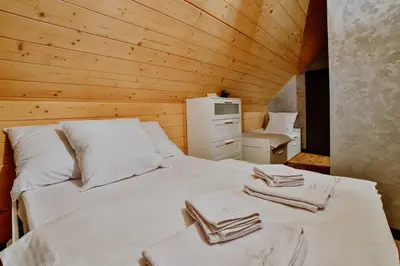 a small room with a bed and a wooden wall at Wzgórza Jordanowskie in Jordanów