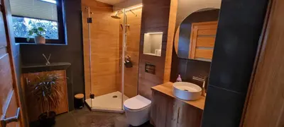 a bathroom with a shower and a toilet and a sink at Apartament Miód Malina in Olszówka