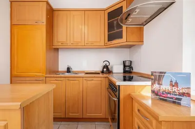 a kitchen with wooden cabinets and a stove top oven at Klimatyzowany Apartament z Dwiema Sypialniami w Centrum Krakowa Blisko Rynku i Parku by Noclegi Renters in Kraków