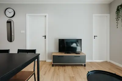 a living room with a tv on a cabinet and two doors at Domus Aurea Free Parking Garden Balcony in Kraków