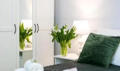 a bedroom with a green pillow and a mirror at Old Town Apt - Wielopole studio W6 in Kraków