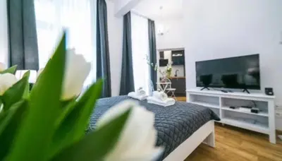 a living room with a bed and a flat screen tv at Old Town Apt - Wielopole studio W6 in Kraków