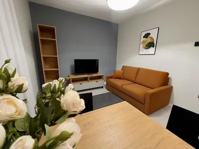 a living room with a couch and a television at Apartamenty N, Trąbki in Wieliczka