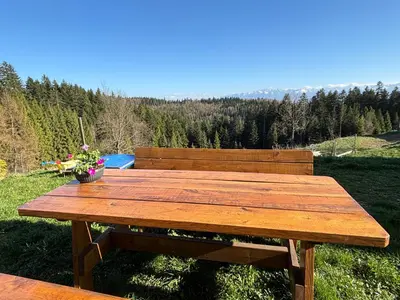 a wooden picnic table with a bench and flowers on it at Apartament Zielone Wzgórze Pod Turbaczem in Nowy Targ