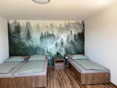 two beds in a room with a painting on the wall at Apartament Zielone Wzgórze Pod Turbaczem in Nowy Targ