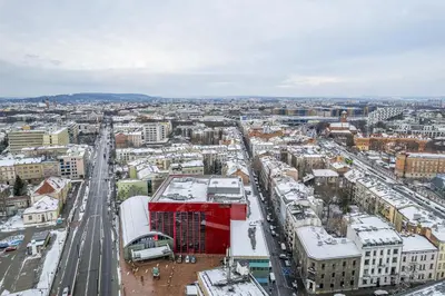 an aerial view of a city in the snow at Kraków Grzegórzki Studio - Central Station Nearby - by Rentujemy in Kraków
