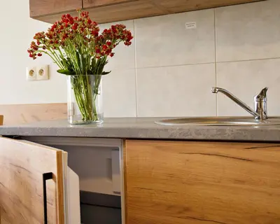 a vase of flowers sitting on a kitchen counter at Apartamenty Galicja Zator in Zator