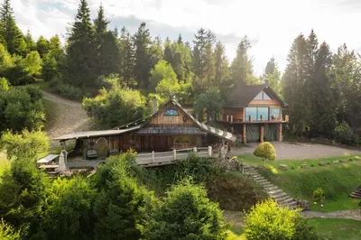 a large house in the middle of a forest at Chata Gołębiówka in Rzyki