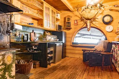 a kitchen and living room in a tiny house at Chata Gołębiówka in Rzyki