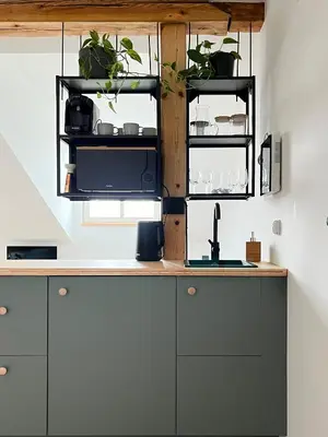 a kitchen with a counter with plants on the shelves at Premium Jacuzzi with Air conditioning, Main Square Cracow in Kraków