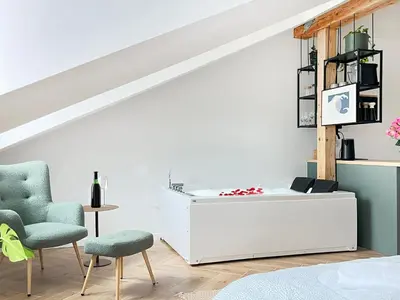 a room with a white desk and two chairs at Premium Jacuzzi with Air conditioning, Main Square Cracow in Kraków