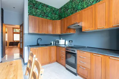 a kitchen with wooden cabinets and a green accent wall at Apartamenty Łazarza 17 in Kraków