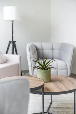 a living room with a table and a couch at Apartament Park Zdrojowy 11 - NOWOŚĆ in Rabka