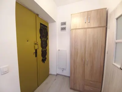 a hallway with a green door and a wooden cabinet at Stary Krakow - Sołtyka S2a in Kraków