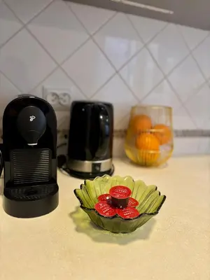 a plate of fruit on a counter next to a blender at Vintage Lubicz Apartment in Kraków