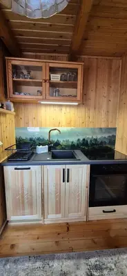 a kitchen with a sink and a counter top at SOWIA CHATKA- Stryszawa - domek z jacuzzi in Stryszawa
