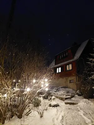 a house with lights in the snow at night at SOWIA CHATKA- Stryszawa - domek z jacuzzi in Stryszawa