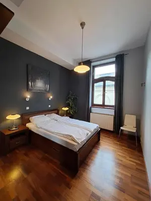 a bedroom with a large bed and a window at DaVinci Bello apartment in Kraków