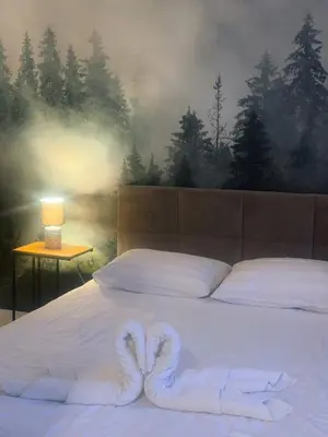 a bed with two swans made to look like hearts at Domek za rzeką 2 in Zawoja