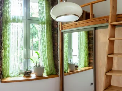 a room with windows with green curtains and potted plants at Apartment no5 Szlak street in Kraków