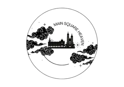 an illustration of a city skyline in a circle with clouds at Main Square Heaven Apartment in Kraków