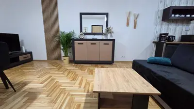 a bathroom with a mirror and a potted plant at Apartament GOLD blisko Wawelu z DARMOWYM PARKINGIEM in Kraków