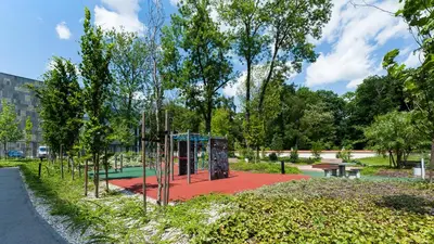 a playground in a park with trees at Rakowicka Steam Park, Sun & Snow in Kraków
