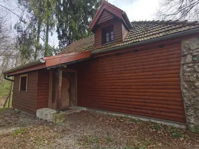 a log cabin with a gambrel roof at Domek Samotnia w ogrodzie in Kraków