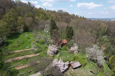 an aerial view of a house in a field with trees at Domek Samotnia w ogrodzie in Kraków