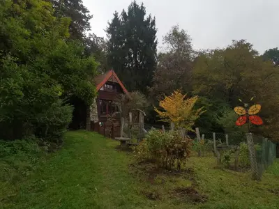 a small house with a butterfly sign in the yard at Domek Samotnia w ogrodzie in Kraków