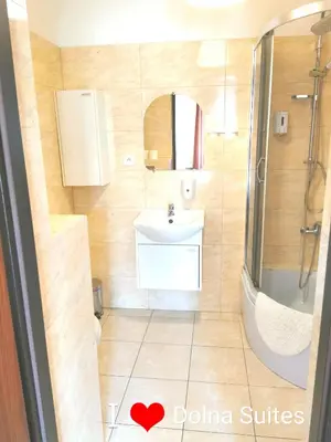 a bathroom with a white sink and a shower at Apartamenty Dolna Kraków in Kraków