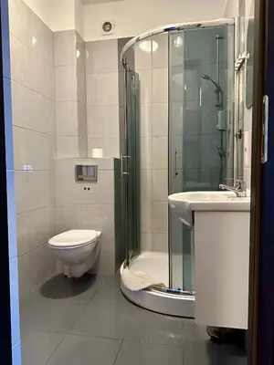 a bathroom with a shower and a toilet and a sink at Apartamenty Dolna Kraków in Kraków