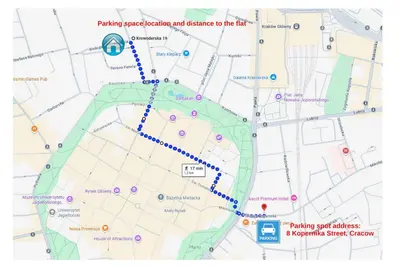 a map of a parking spot refueling and staircase to the lift at Cracow Fancy Brick #1 - Old Town in Kraków