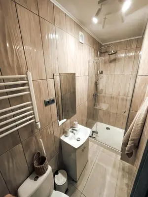 a bathroom with a toilet and a shower and a sink at Zosieńka in Podolsze