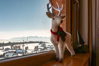 a reindeer toy sitting on a window sill at Apartamenty Baj na Polnej - bezpłatny parking, widok na góry i zewnętrzna balia! in PyzÃ³wka