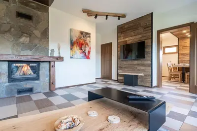 a living room with a fireplace and a tv at Górski Dom dla 30 osób z sauna oraz salą do integracji in Kocierz Rychwałdzki