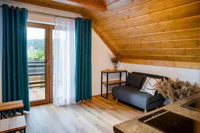 a living room with a couch and a large window at Domek Kordoń SPA Jacuzzi & Sauna in Zubrzyca Górna