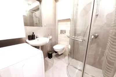 a bathroom with a shower and a toilet and a sink at Old Town Apt - Rzeszowska R6 in Kraków