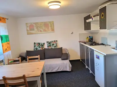 a kitchen and a living room with a couch and a table at Apartamencik Pod Krokusem 2 in Rabka