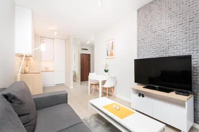a living room with a couch and a flat screen tv at City of the Kings-Milford Sound in Kraków