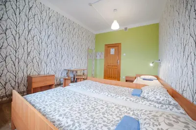 a bedroom with a large bed and green walls at Atlantis Hostel in Kraków