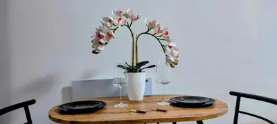a table with two glasses and a vase with flowers at Apartament w centrum starego Krakowa in Kraków