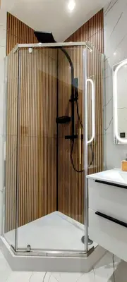 a shower in a bathroom with a wooden wall at Apartament w centrum starego Krakowa in Kraków