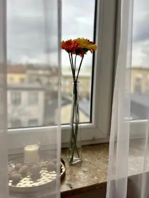 a vase with a candle and a flower in a window at Vintage Krowoderska Apartment in Kraków